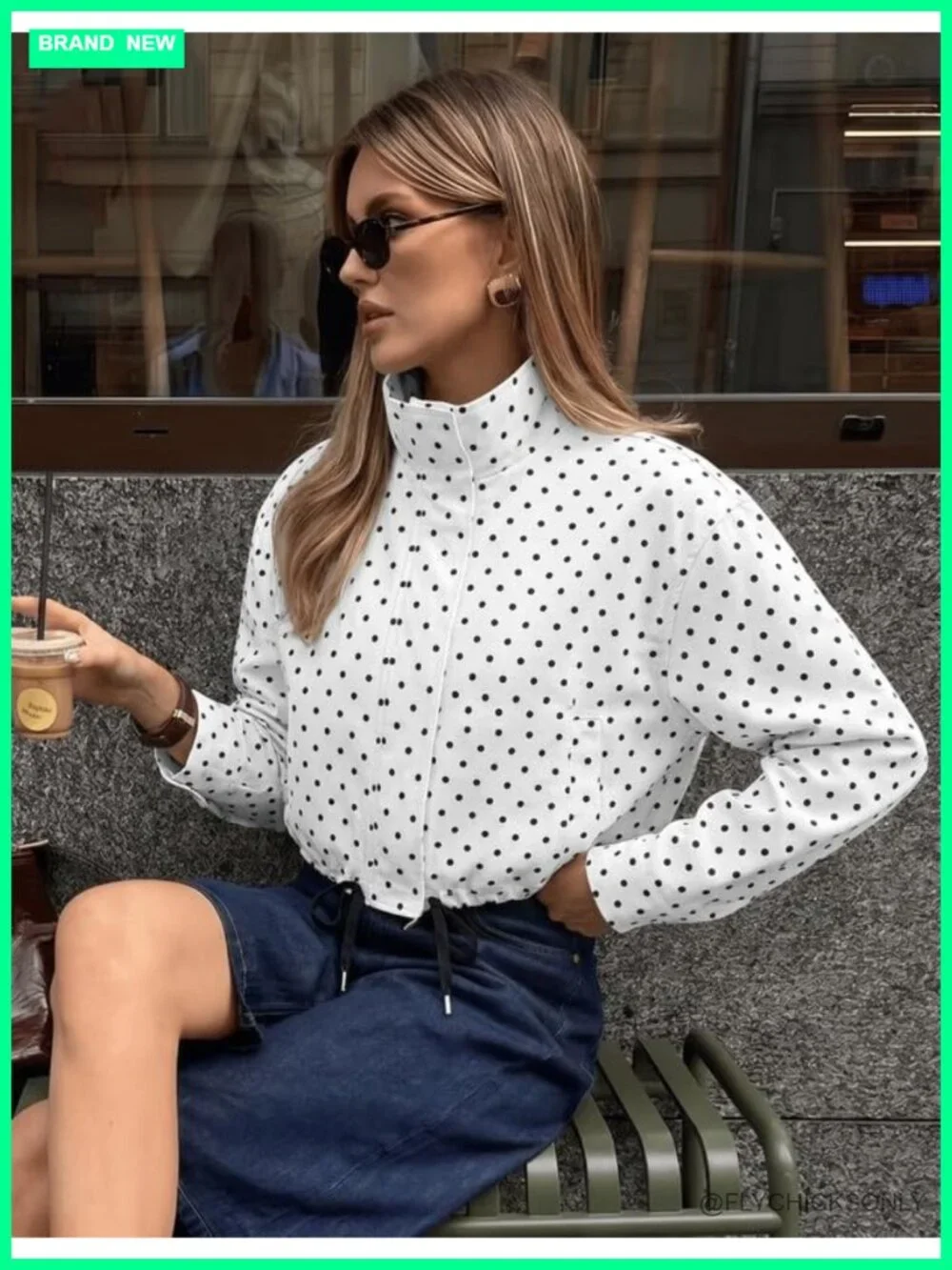 Women's Polka Dot Cropped Jacket Full Zip Funnel Neck Pockets